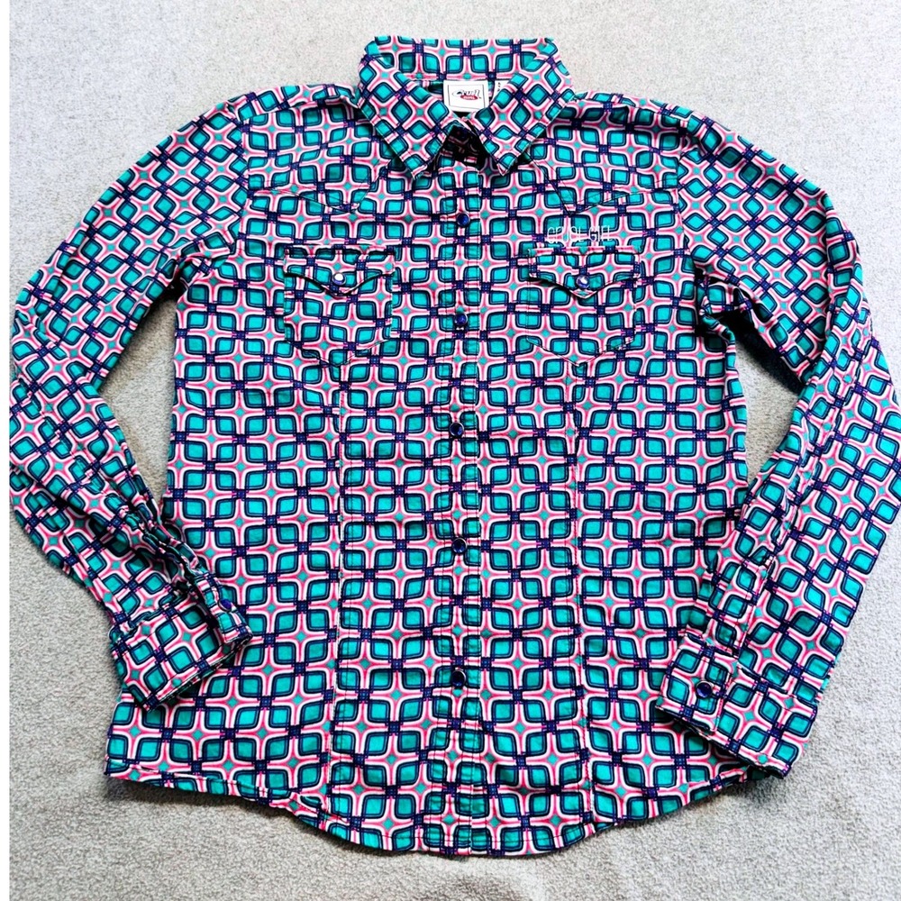 Cruel Girl Western Shirt Girls L 10 Teal Pink Geometric Pearl Snap Long Sleeve